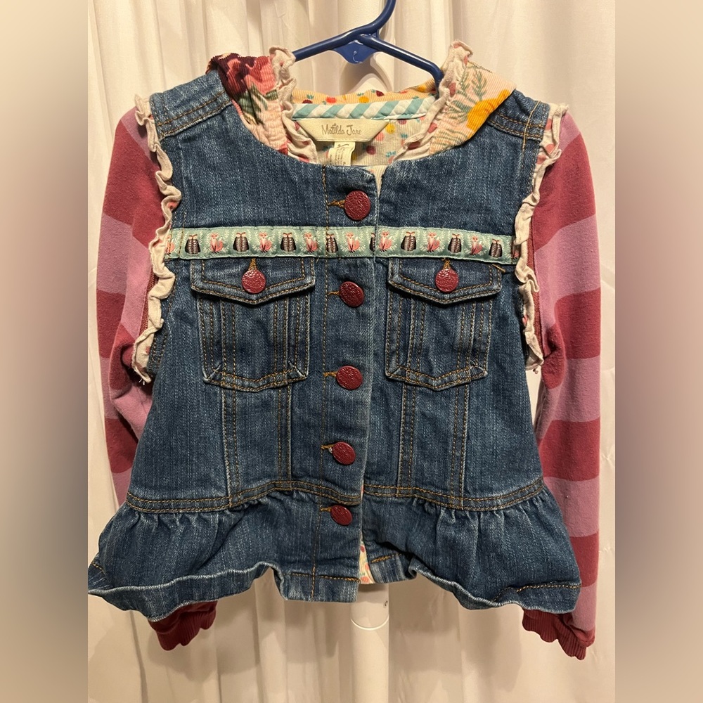 Matilda Jane Girls' Denim Peplum Jacket with Pink Striped Sleeves